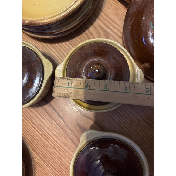 Rare Set Of Vtg Artisan crocks & Plates Brown & tan drip Clay MCM Pull Handles - Picture 5 of 11